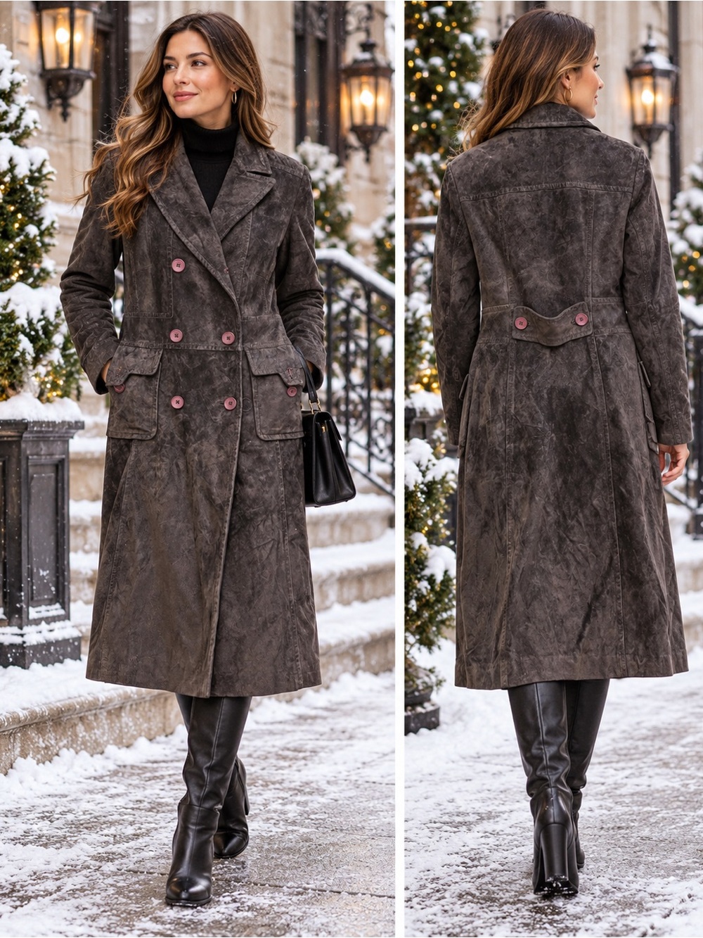 Ann Taylor LOFT Size 8 Genuine Leather Long Coat Brown Suede Utility Trench Y2K
